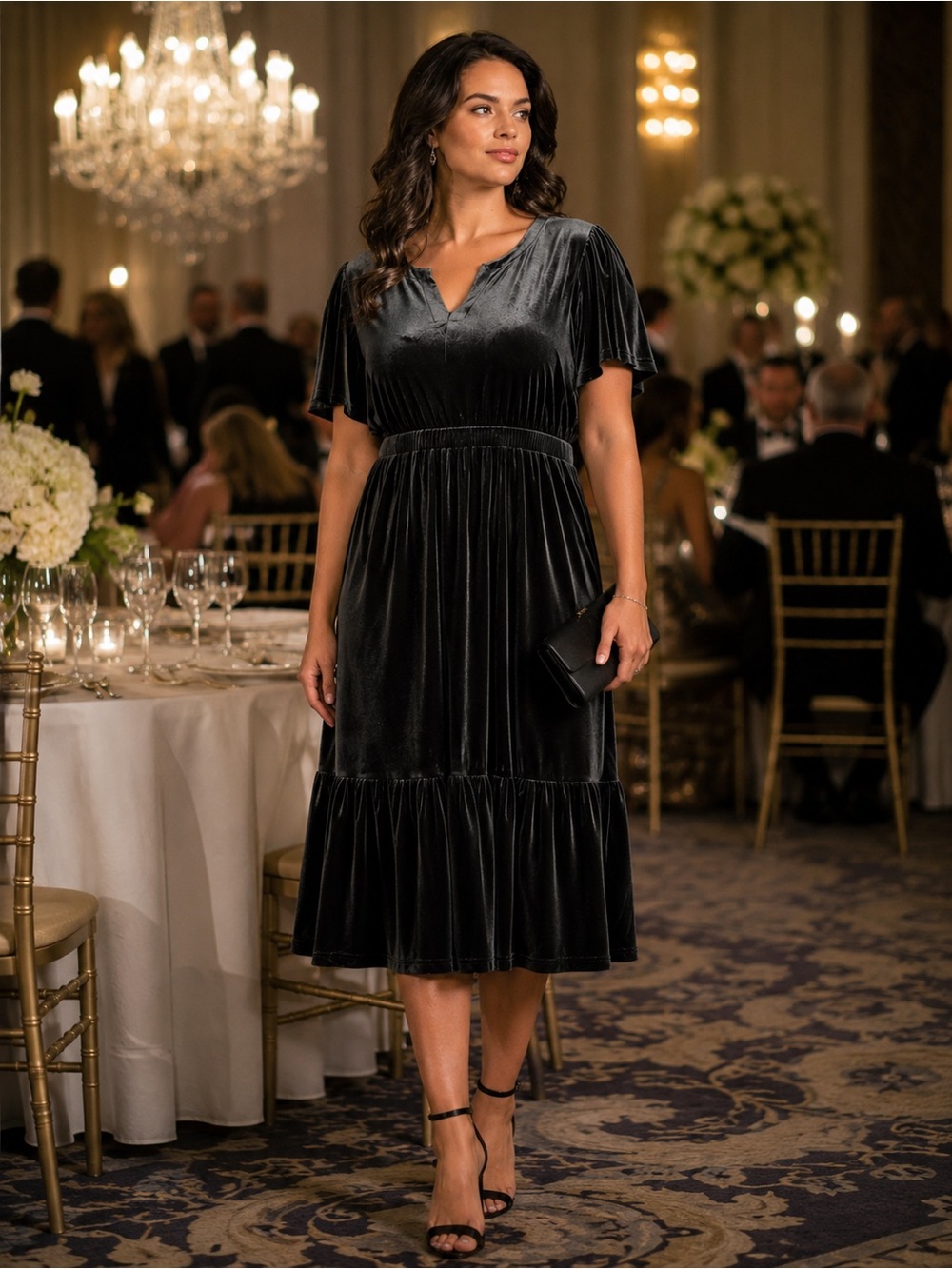 Terra & Sky Charcoal Grey Black Tiered Ruffled V-Neck Velvet Midi Dress 2X